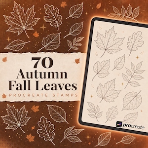 Op de afbeelding: Een digitale collectie van 70 Procreate-stempels met herfstbladeren, met diverse bladvormen in wit op een donkerbruine achtergrond, en een tabletscherm met een selectie van deze botanische lijntekeningen in het zwart.