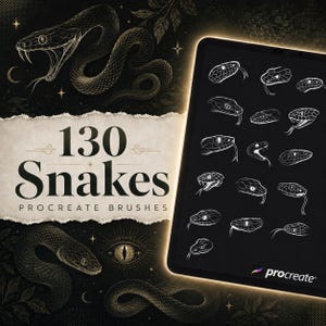 Puede incluir: Un conjunto digital de 130 pinceles de serpiente para Procreate con fondo negro, ilustraciones de serpientes doradas y una pantalla de tableta que muestra dibujos lineales blancos de varias cabezas de serpiente, incluyendo el texto 130 Snakes Procreate Brushes.