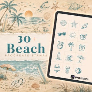 30+ strandstämplar för Procreate | Stämpelpaket med tropiskt hav | Procreate-penselset | Procreate-anpassat verktygssats | Direktnedladdning