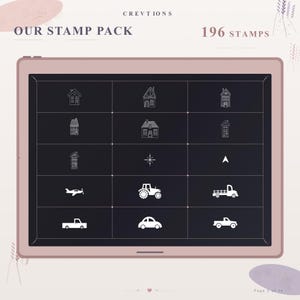 May include: A digital tablet screen displaying a grid of white icons on a dark background, titled OUR STAMP PACK 196 STAMPS. The icons include various house designs, a compass rose, an aeroplane, a tractor, a truck, and several car silhouettes.