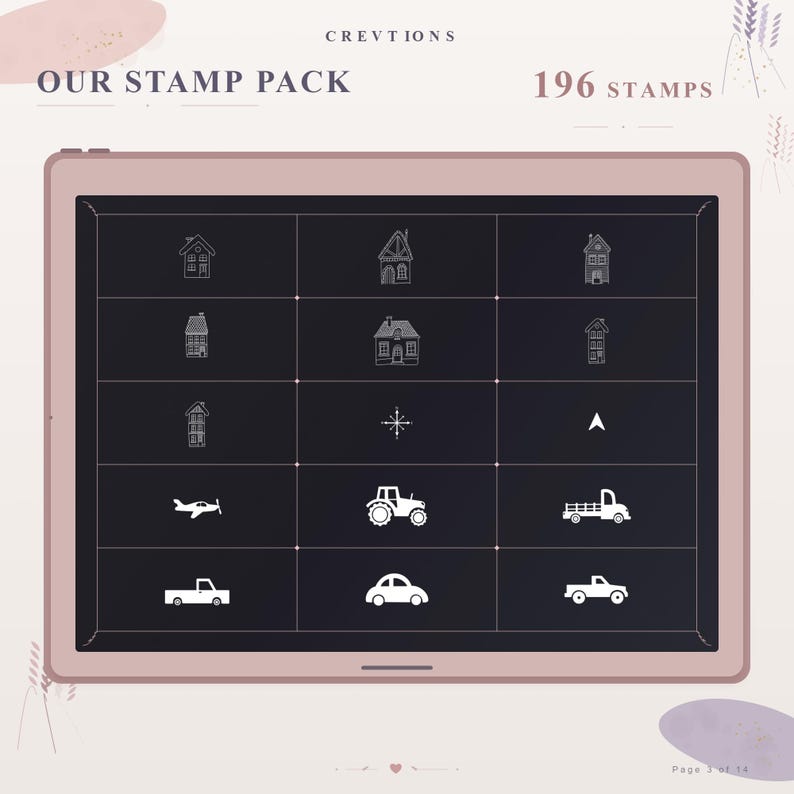 May include: A digital tablet screen displaying a grid of white icons on a dark background, titled OUR STAMP PACK 196 STAMPS. The icons include various house designs, a compass rose, an aeroplane, a tractor, a truck, and several car silhouettes.