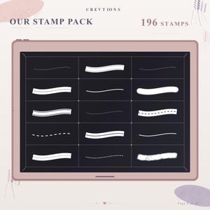 May include: A digital tablet screen displaying a grid of 15 white line stamps on a dark background. The text at the top reads CREVTIONS, OUR STAMP PACK, and 196 STAMPS. The lines vary in style, including solid, dashed, dotted, and textured strokes.
