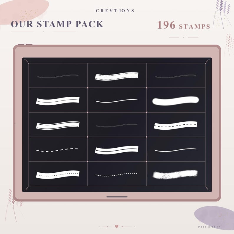 May include: A digital tablet screen displaying a grid of 15 white line stamps on a dark background. The text at the top reads CREVTIONS, OUR STAMP PACK, and 196 STAMPS. The lines vary in style, including solid, dashed, dotted, and textured strokes.