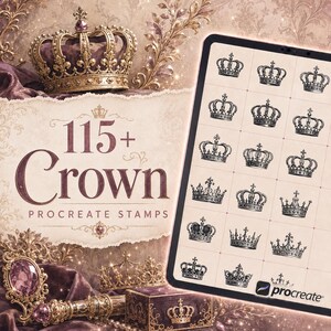Op de afbeelding: Een digitale collectie van 115+ kroon Procreate-stempels weergegeven op een tabletscherm, met diverse zwart-wit kroonillustraties. De achtergrond bevat een gouden kroon, paarse fluwelen stof en een decoratieve doos met een kroonpictogram.