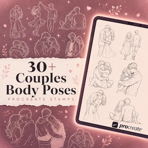Peut inclure: Une collection numérique de 30+ Couples Body Poses Procreate stamps présentant des illustrations au trait de couples dans diverses interactions romantiques, comme danser, s'enlacer et s'asseoir, affichées sur une tablette et en arrière-plan.