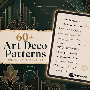 Op de afbeelding: Een digitaal tabletscherm toont een verzameling zwarte lijnkunstpenselen op een crèmekleurige achtergrond. De tekst luidt 60+ Art Deco Patterns en Procreate Brushes. De achtergrond bevat donkergroene en gouden geometrische lijnillustraties.