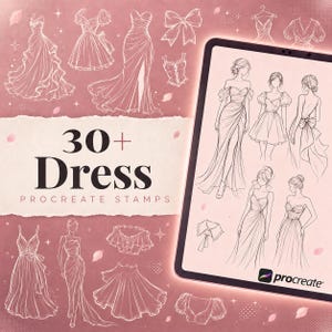 Peut inclure: Une collection numérique de 30+ tampons Procreate de robes présentant diverses illustrations au trait de robes, jupes et hauts sur un fond rose poudré, avec une tablette affichant des croquis de robes et le logo Procreate.