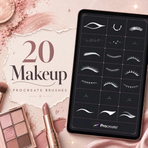 Peut inclure: Une tablette numérique affichant une grille de 20 pinceaux de maquillage blancs sur fond noir. Le texte 20 Makeup PROCREATE BRUSHES est visible. À proximité se trouvent une palette de fards à paupières et un rouge à lèvres en tube doré rose.