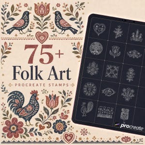 Peut inclure: Une collection numérique de 75+ tampons Procreate d'art populaire avec des illustrations d'oiseaux, de coqs, de fleurs et de cœurs en rouge, bleu et crème. Une tablette affiche une grille de motifs en lignes blanches sur fond sombre.