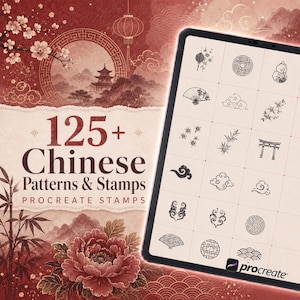 May include: A digital tablet displaying a grid of black line art stamps on a white background, featuring motifs like lanterns, fans, clouds, and pagodas. The surrounding graphic includes red floral and mountain imagery with the text 125+ Chinese Patterns & Stamps PROCREATE STAMPS.