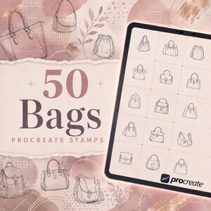 Könnte beinhalten: Eine digitale Sammlung von 50 Procreate-Stempeln mit verschiedenen Handtaschen- und Rucksackillustrationen. Ein Tablet-Bildschirm zeigt ein Raster aus Strichzeichnungen von Taschen, umgeben von größeren, detaillierten Skizzen in Altrosa.