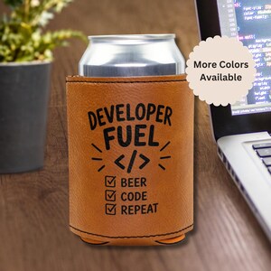 Programmer Geek Gift for Him, Software Developer Leather Can Cooler, Tech Worker Beer Holder