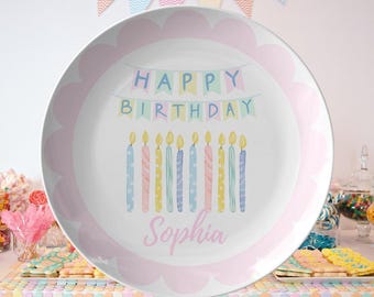 Custom Birthday Plate Girl, Personalized Kids Cake Plate, Pastel Candles Party Decor