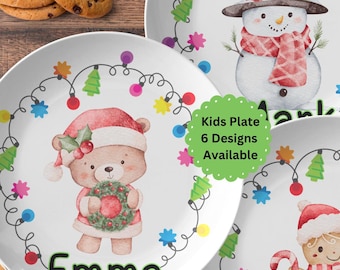 Personalized Christmas Kids Plate, Custom Name Gift: Teddy Bear, Snowman, Gingerbread, Reindeer, Penguin