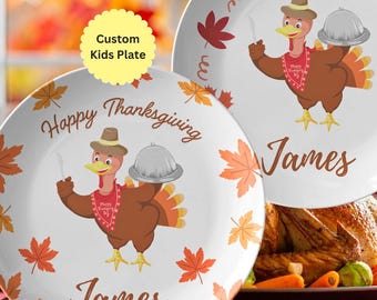 Custom Name Thanksgiving Plate, Personalized Turkey Kids Plate, Fall Table Decor