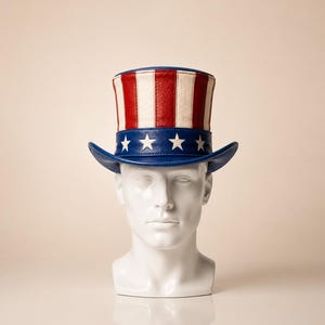 May include: A patriotic Uncle Sam hat, featuring red and white vertical stripes on the crown and a blue brim adorned with white stars. The hat is displayed on a white mannequin head, set against a neutral background.