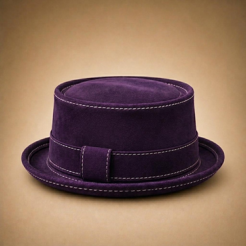 May include: A deep purple hat with a flat top and brim. The hat features a band around the crown and brim, with white stitching details. The hat is made of a soft, suede-like material.