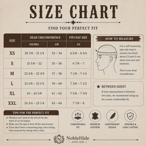 May include: A size chart with the text "SIZE CHART" at the top. The chart includes head circumference in inches and centimeters, and hat sizes in US sizes. It also provides tips for measuring and a diagram.