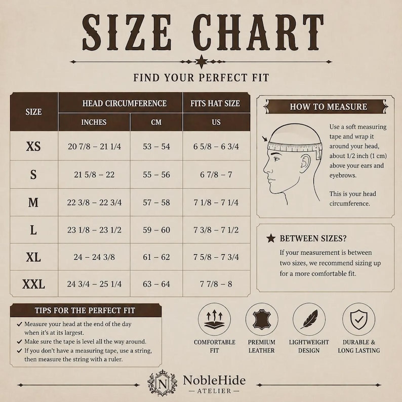 May include: A size chart with the text "SIZE CHART" at the top. The chart includes head circumference in inches and centimeters, and hat sizes in US sizes. It also provides tips for measuring and a diagram.