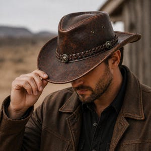 Handgjord cowboyhatt i läder, sliten westernhatt för män och kvinnor, vintage cowgirlhatt, ranchhatt i äkta läder, bred brätte bild 3