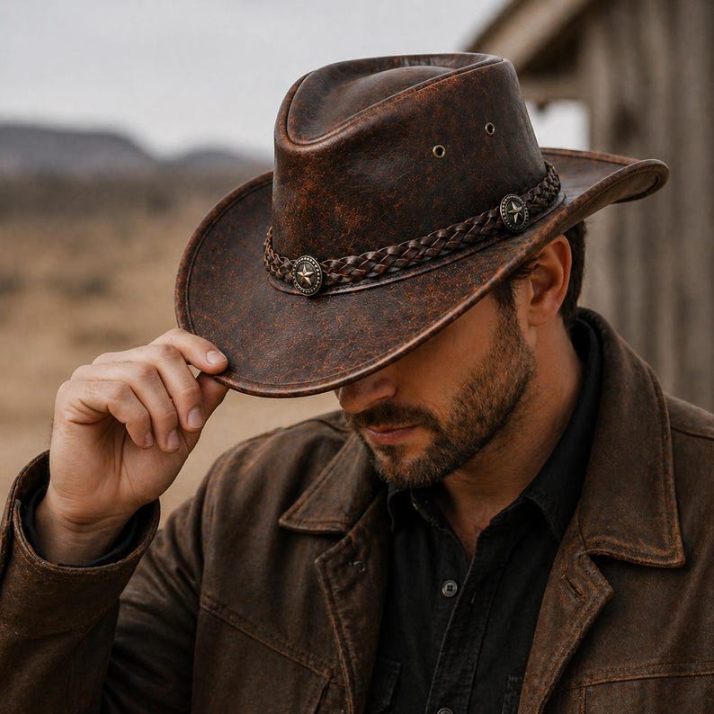 Handgjord cowboyhatt i läder, sliten westernhatt för män och kvinnor, vintage cowgirlhatt, ranchhatt i äkta läder, bred brätte bild 3
