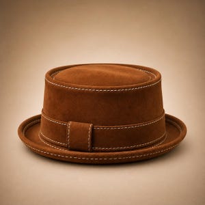 May include: A brown suede hat with a flat top and brim. The hat features a band around the crown and brim, and is accented with white stitching. The hat is a classic style, suitable for various occasions.