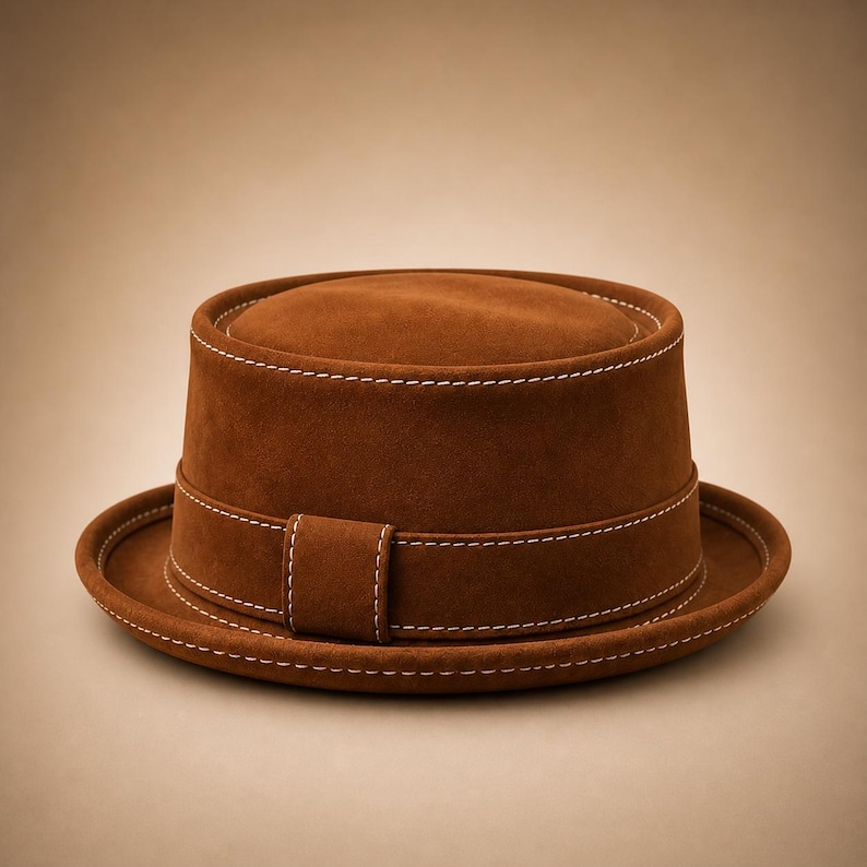 May include: A brown suede hat with a flat top and brim. The hat features a band around the crown and brim, and is accented with white stitching. The hat is a classic style, suitable for various occasions.