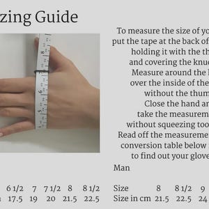 May include: A hand with a measuring tape, demonstrating how to measure for glove size. The image includes a sizing guide with measurements in inches and centimeters for both women and men.