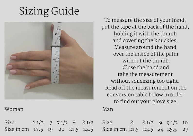 May include: A hand with a measuring tape, demonstrating how to measure for glove size. The image includes a sizing guide with measurements in inches and centimeters for both women and men.