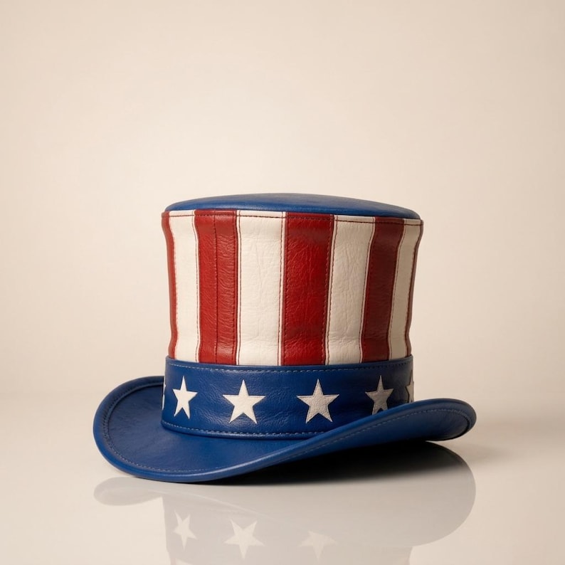 May include: A patriotic Uncle Sam hat with a blue brim and crown. The hat features red and white vertical stripes on the main body and a blue band with white stars. A classic American symbol.