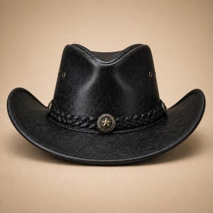 Handgjord cowboyhatt i läder, sliten westernhatt för män och kvinnor, vintage cowgirlhatt, ranchhatt i äkta läder, bred brätte Black