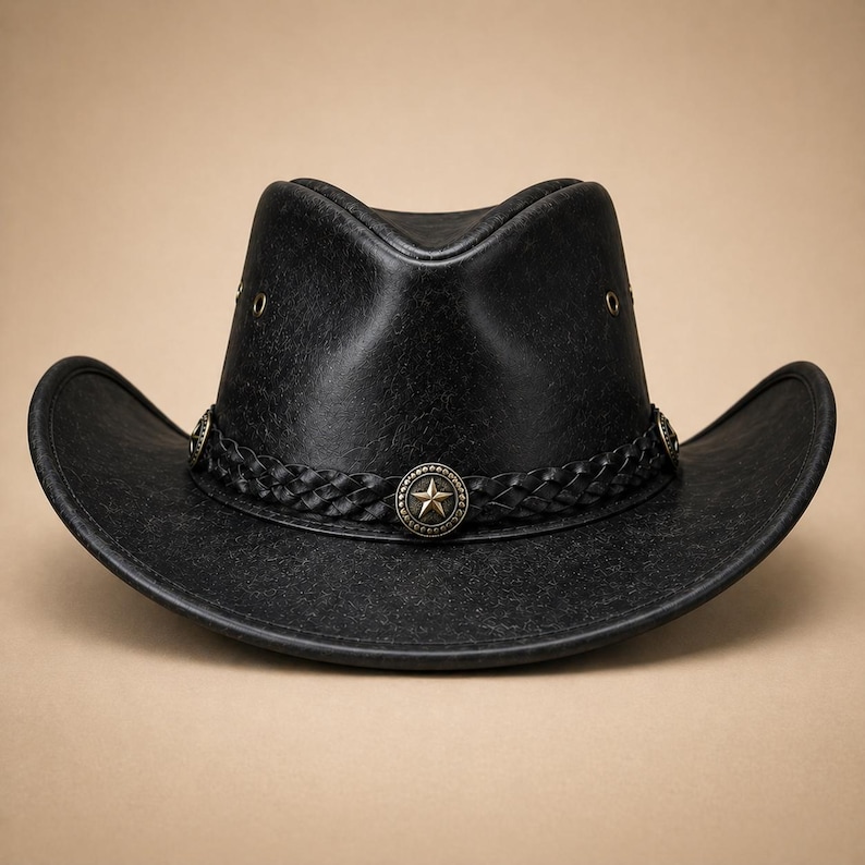 Handgjord cowboyhatt i läder, sliten westernhatt för män och kvinnor, vintage cowgirlhatt, ranchhatt i äkta läder, bred brätte Black