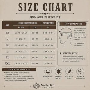 May include: A beige size chart for hats with the title SIZE CHART and the subtitle FIND YOUR PERFECT FIT. It includes a table listing sizes from XS to XXL with head circumference in inches and cm, plus US hat sizes. Includes instructions on how to measure and tips.