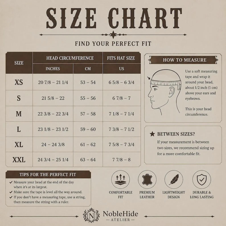 May include: A beige size chart for hats with the title SIZE CHART and the subtitle FIND YOUR PERFECT FIT. It includes a table listing sizes from XS to XXL with head circumference in inches and cm, plus US hat sizes. Includes instructions on how to measure and tips.