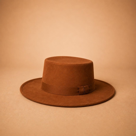 Suede Leather Flat Top Hat, Wide Brim Rancher Hat, Western Fedora Hat, Handmade Gaucho Hat, Unisex Cowboy Hat