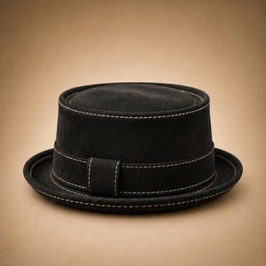 May include: A black suede hat with a flat top and a small brim. The hat features a band around the crown and brim, and is accented with white stitching. The hat is a classic style, suitable for various occasions.