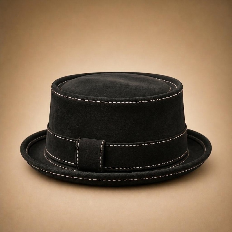 May include: A black suede hat with a flat top and a small brim. The hat features a band around the crown and brim, and is accented with white stitching. The hat is a classic style, suitable for various occasions.