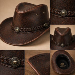 Handgjord cowboyhatt i läder, sliten westernhatt för män och kvinnor, vintage cowgirlhatt, ranchhatt i äkta läder, bred brätte bild 4