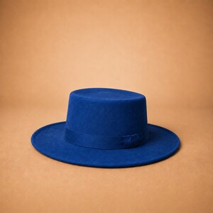 Suede Leather Flat Top Hat, Wide Brim Rancher Hat, Western Fedora Hat, Handmade Gaucho Hat, Unisex Cowboy Hat Blue