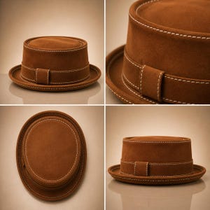 May include: A brown fedora-style hat with a flat top and brim. The hat features a band with a buckle and white stitching details. The hat is made of a suede-like material.