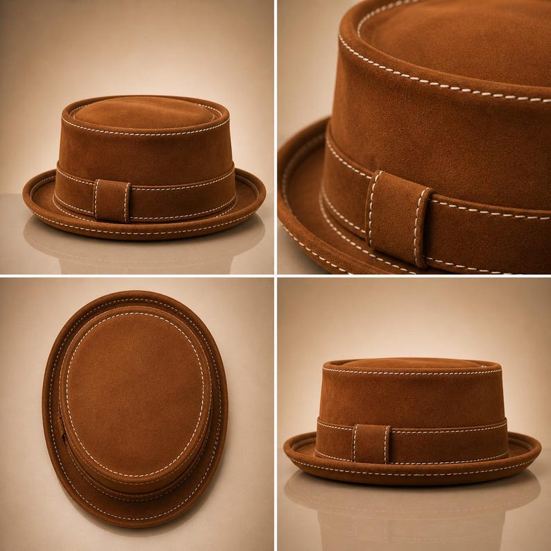 May include: A brown fedora-style hat with a flat top and brim. The hat features a band with a buckle and white stitching details. The hat is made of a suede-like material.