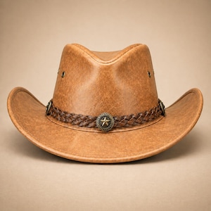 Handgjord cowboyhatt i läder, sliten westernhatt för män och kvinnor, vintage cowgirlhatt, ranchhatt i äkta läder, bred brätte Tan