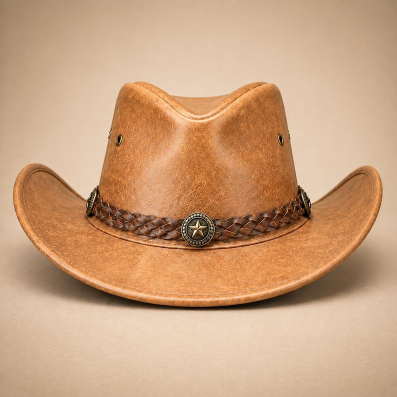 Handgjord cowboyhatt i läder, sliten westernhatt för män och kvinnor, vintage cowgirlhatt, ranchhatt i äkta läder, bred brätte Tan