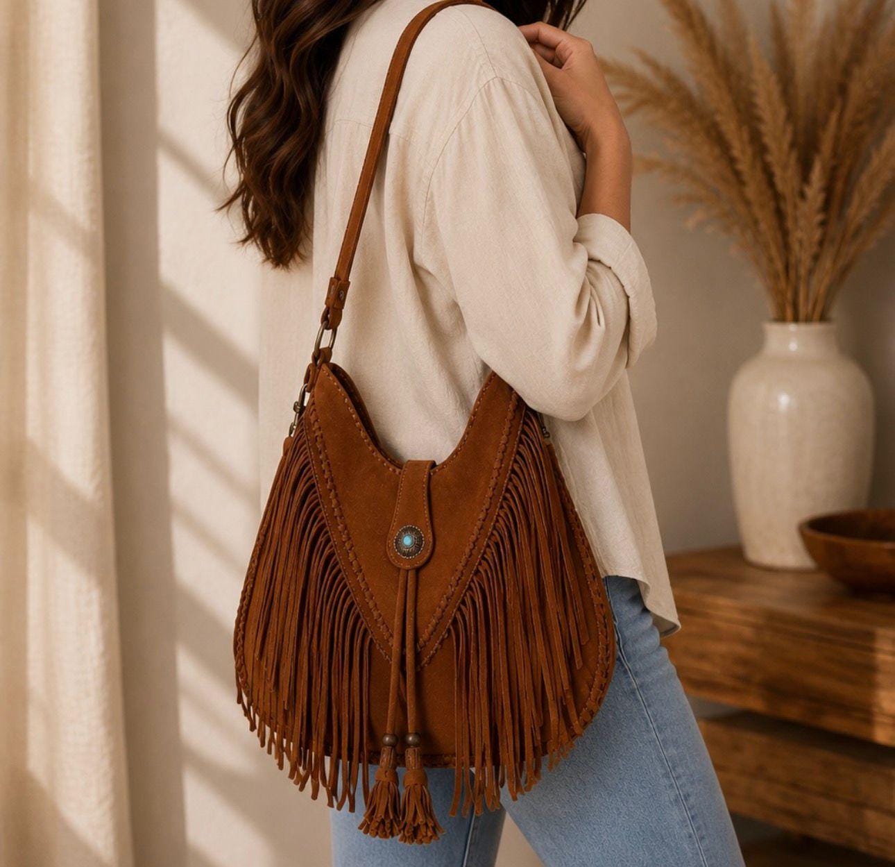 Genuine Suede Leather Fringe Bag, Boho Hobo Purse, Western Shoulder Bag, Cowgirl Fringe Handbag for Women