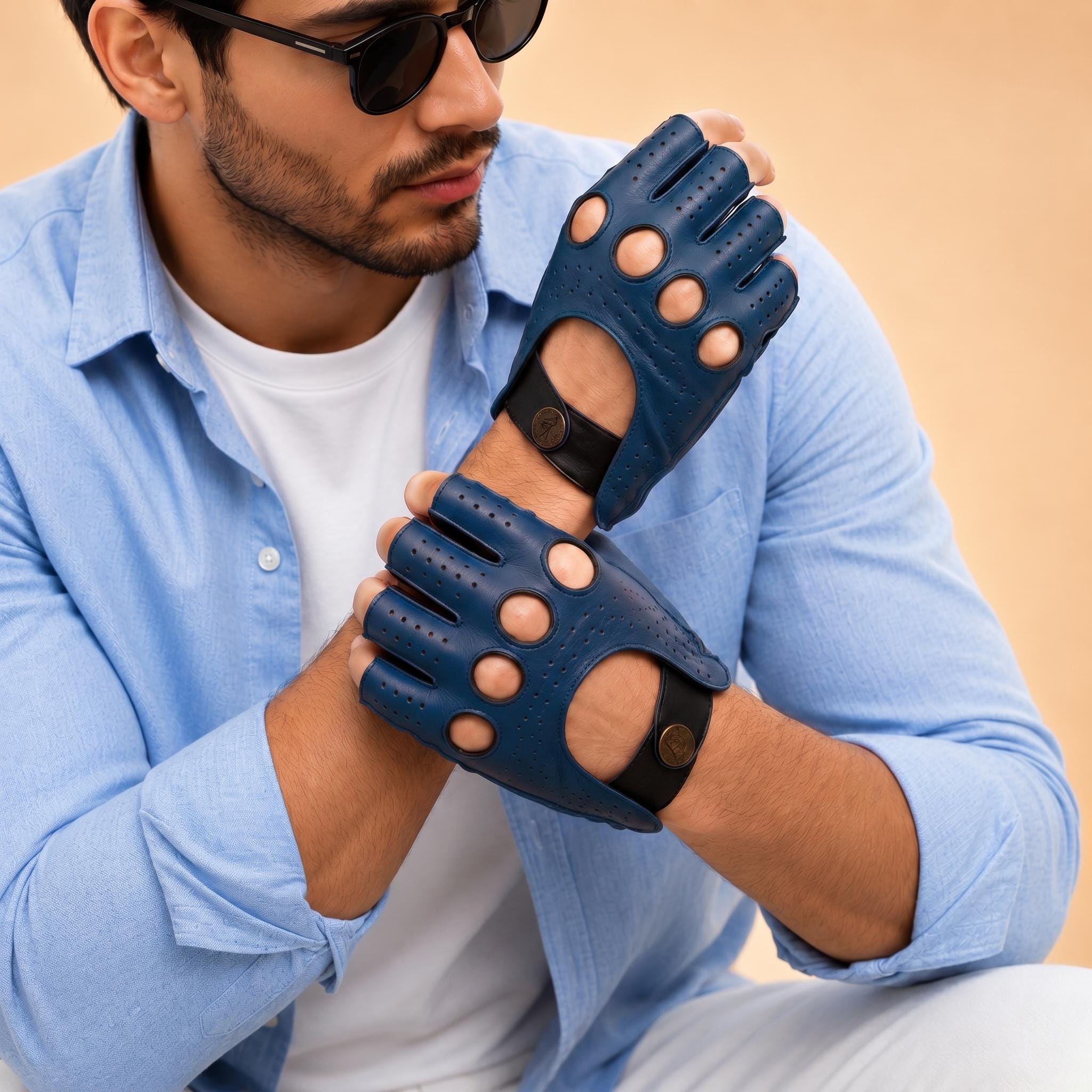Mens Leather Driving Gloves Fingerless Driver Gloves Handmade Perforated Car Gloves Luxury Gift for Him