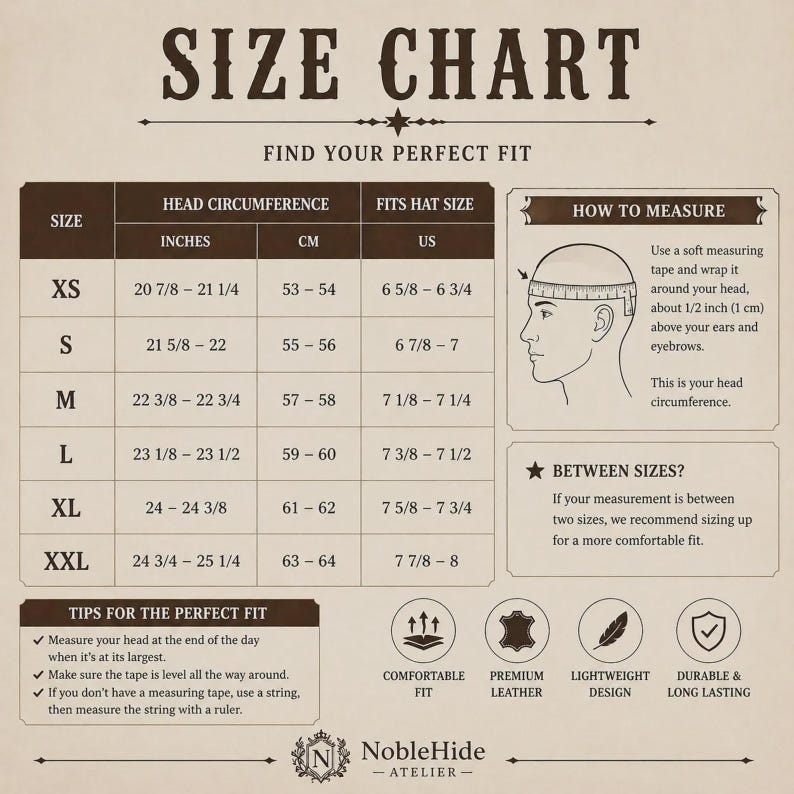 May include: A size chart with the text "SIZE CHART" at the top. The chart includes head circumference in inches and centimeters, and hat sizes in US sizes. It also provides tips for measuring and a diagram.
