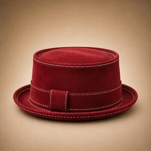 May include: A burgundy hat with a flat top and brim. The hat features a band around the crown and brim, and is accented with white stitching. The hat is a classic style, suitable for various occasions.