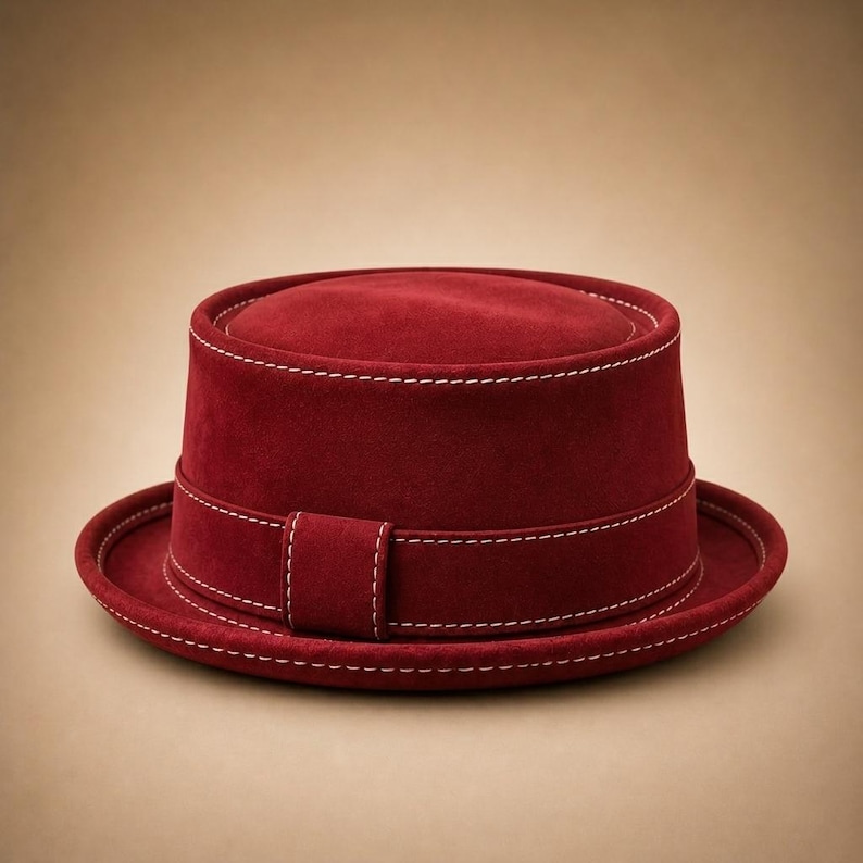 May include: A burgundy hat with a flat top and brim. The hat features a band around the crown and brim, and is accented with white stitching. The hat is a classic style, suitable for various occasions.