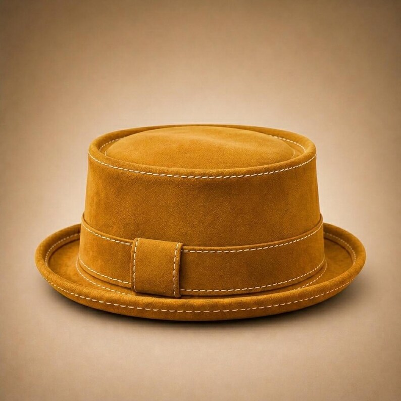 May include: Mustard-colored hat with a flat top and a short brim. The hat features a band around the crown and a strap with a buckle. White stitching accents the edges and the strap. The hat is made of a soft, suede-like material.
