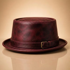 May include: A burgundy leather hat with a flat top and brim. The hat features a matching leather band with a gold-colored buckle. The hat's design is a classic fedora style, suitable for various occasions.
